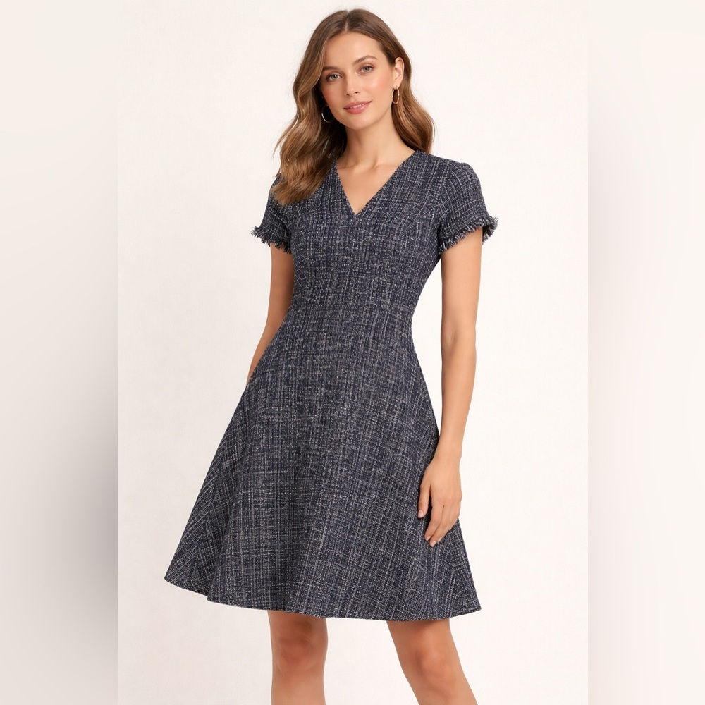 Banana Republic Navy and White A-Line Chic Tweed Dress with Frayed Edges